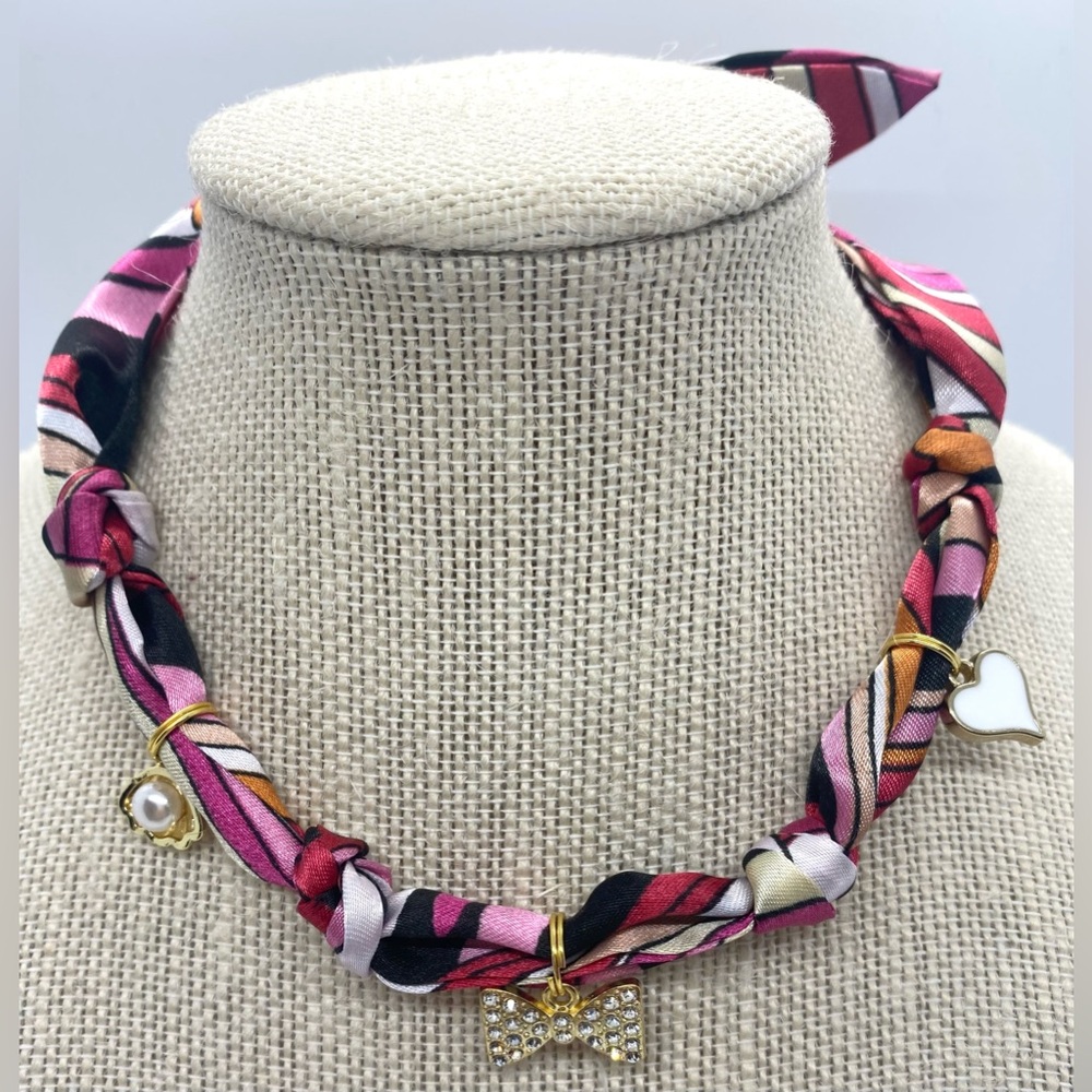 Pink Brown Mod Pattern Satin Scarf Charm Necklace Gold Charms Preppy Feminine